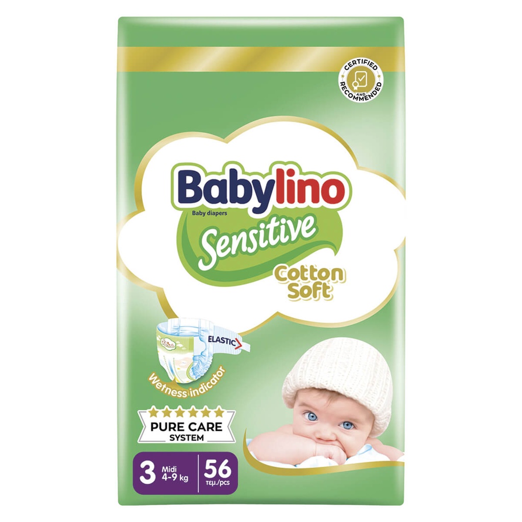 [1012023] Babylino Sensitive Cotton Soft No3 4-9 Kg Value Pack 56 τμχ