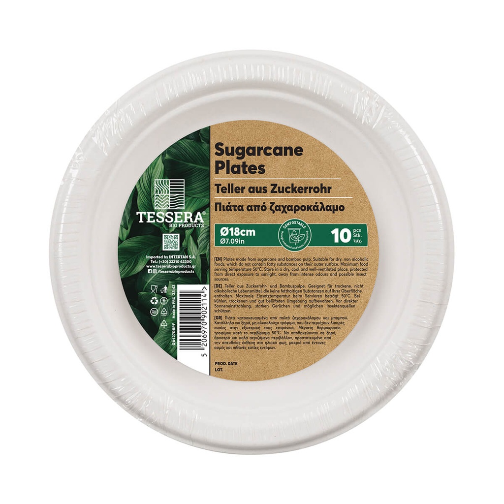 Tessera Πιάτο Στρογγυλό Bio Απο Ζαχαροκάλαμο 18cm Pfas Free 10τμχ